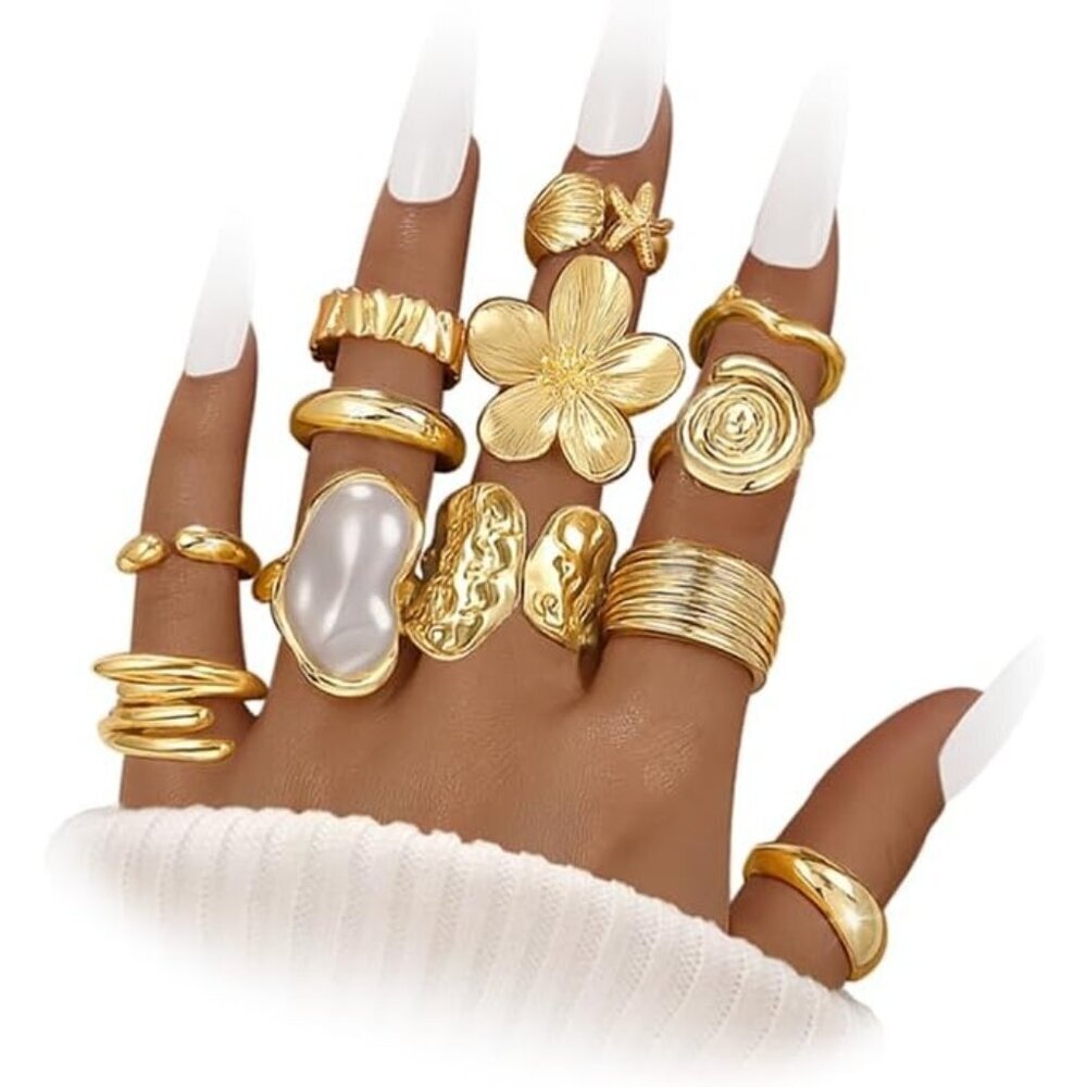 Women's Non Tarnish Statement Flower Ring12 PCS Chunky Gold Rings Big Knuckle